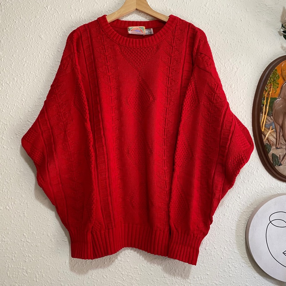 Vintage London Fog Mens L Y2K Red Cotton Knitted‎ Crew Neck Sweater Made USA